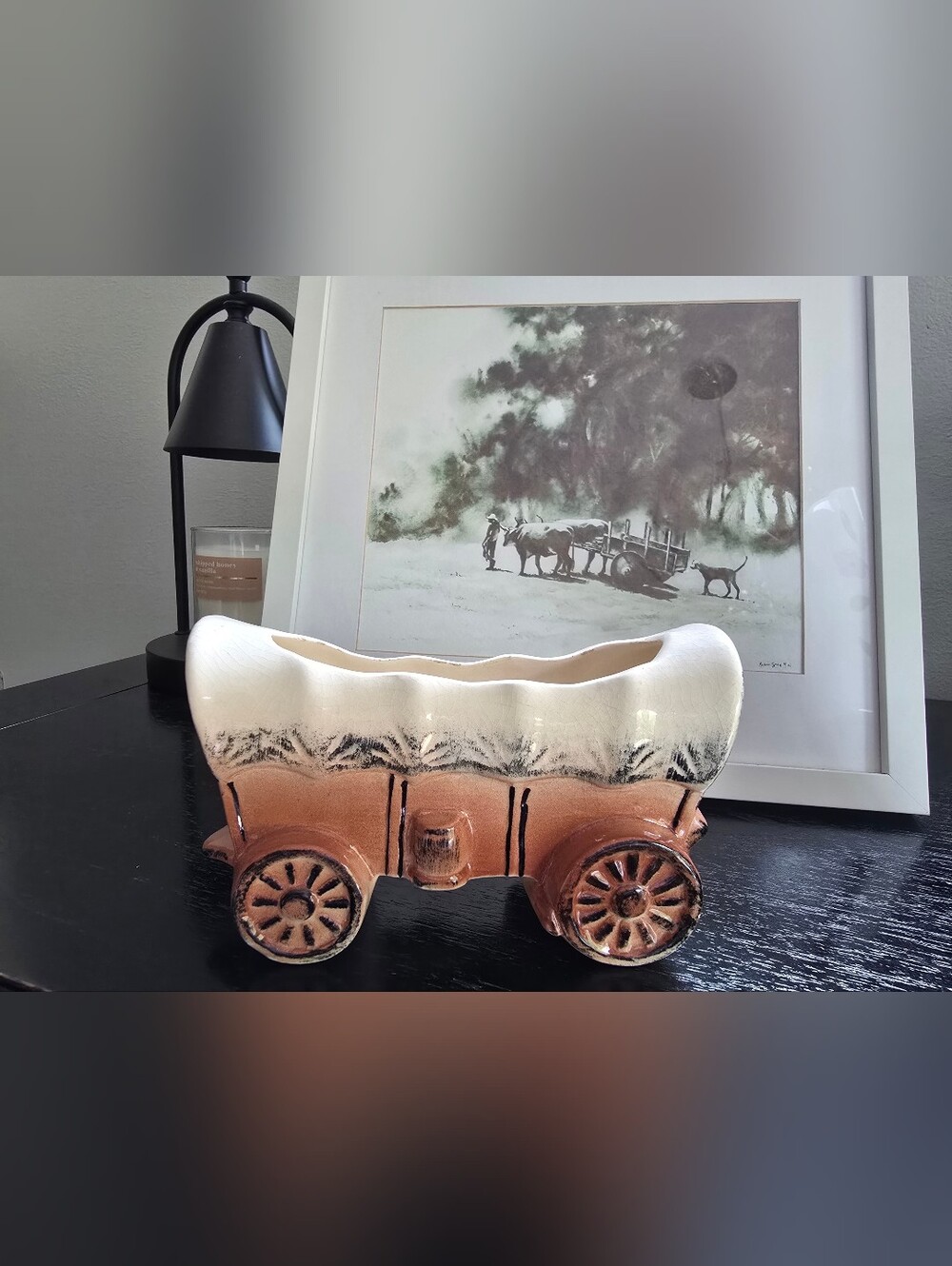 Vintage Covered Wagon Ceramic Planter in White and Terra Cotta